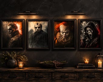 Horror Legends Wall Art Set | Michael Myers Jason Voorhees Pennywise Prints Ghostface | Halloween Horror Movie Digital Download Bundle