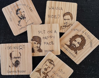Serial Killer Coaster Set of 6 – Engraved Wood with Dark Humor | True Crime Gift,Podcast Fans, Creepy Decor