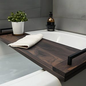 Rustic Bath Tray – Dark Walnut Solid Wood Tub Caddy with 6.25 in Black Steel Handles | Custom Size Bathtub Board, Farmhouse Spa Shelf