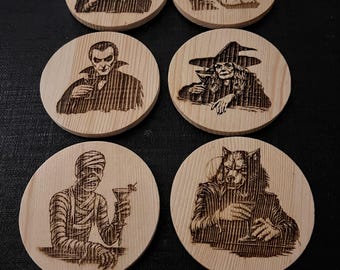 Halloween Monster Cocktail Coasters Set of 6 Engraved Wooden Coasters | Classic Horror Monsters with Cocktails | Spooky Halloween Decor