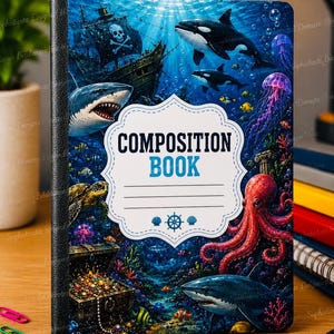 May include: A composition book with a black spine and a vibrant underwater scene on the cover featuring a pirate ship, a shark, an orca, a red octopus, a sea turtle, jellyfish, and a treasure chest filled with gold coins and jewels.
