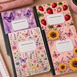 May include: Four composition books with black spines and distinct covers: one with purple butterflies and marble patterns, one with red strawberries, one with colorful wildflowers and butterflies, and one with sunflowers and butterflies.
