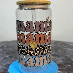 Glass Cup with Bamboo Lid & Straw|UV DTF Decorated Tumbler| Aesthetic Iced Coffee Cup| Reusable Glass Tumbler| Custom Drinkware