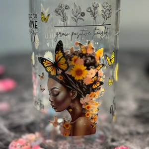 Glass Cup with Bamboo Lid & Straw|UV DTF Decorated Tumbler| Aesthetic Iced Coffee Cup| Reusable Glass Tumbler| Custom Drinkware