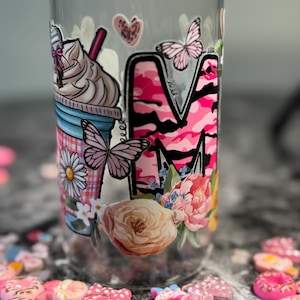 Glass Cup with Bamboo Lid & Straw|UV DTF Decorated Tumbler| Aesthetic Iced Coffee Cup| Reusable Glass Tumbler| Custom Drinkware