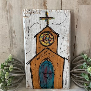 Iglesia de la puerta azul pintada a mano en madera