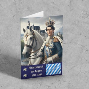 Rey Luis II de Baviera: Monarca bávaro, constructor del castillo de Neuschwanstein Tarjeta de felicitación con diseño de castillo de Disney en alemán, 5 x 7, arte de fan homenaje