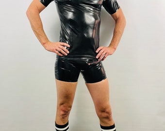 Rubber Latex Short Sleeve Shirt V Neck Black with White Stripe 0.4 mil 100% Latex Rubber