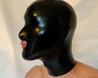 Hood Mask Latex Cosplay open mouth and nose Rear Zipper Black 0.4 mil 100% Latex
