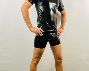 Rubber Latex Short Sleeve Shirt V Neck Black with Red Stripe 0.4 mil 100% Latex Rubber