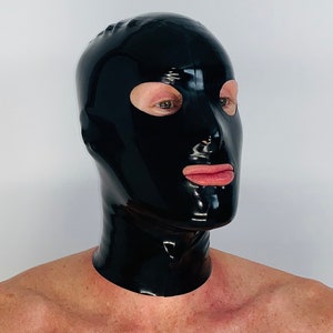 Latex panelled hood with mouth condom and rear zipper - Latex Magic