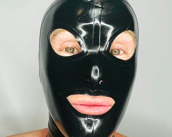 Hood Mask Latex Cosplay Rear Zipper Black 0.4 mil 100% Latex Women's Eye and Mouth Cut Style