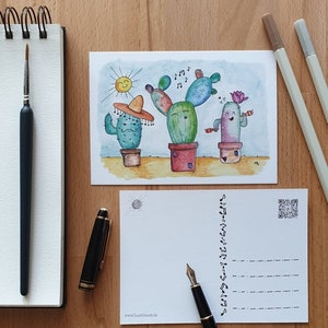 Postkarte "Swinging Needles" / digitalisiertes Aquarellbild / singende Kakteen / Kaktus