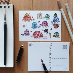 Postkarte "Rainbow Turtles" / digitalisiertes Aquarellbild / niedliche Schildkröten / Regenbogen / bunt