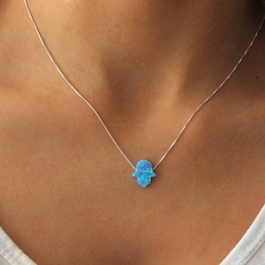 Sterling Silber Halskette, Hamsa Halskette, Opal Halskette, Blaue Opal Halskette, Fatima, Schutz Halskette, Zierliche Halskette Layering Halskette