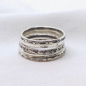 Sterling Silver Ring Set, 5 Stacking Rings, Silver Ring for Woman, Stamped Hammered Stackable Rings
