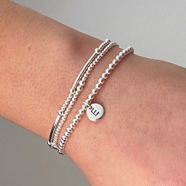 Initial Bracelet, Sterling Silver Bracelet, Stretch bracelet, Initial, Silver Initial Bracelet, Letter Bracelet, ball bracelet