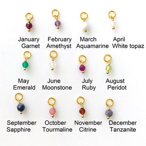 May include: Twelve gold charms with different colored gemstones, each representing a different month of the year. The charms are arranged in four rows of three, with the month name and gemstone name written below each charm.