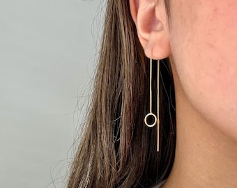 Pendientes de hilo, plata de ley dorada, pendientes de hilo de cadena, pendientes de hilo largos, hilos, pendientes de hilo de cadena circular