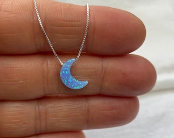 Sterling Silver Necklace, Opal Moon Necklace, Crescent Moon Necklace, Blue Opal Necklace