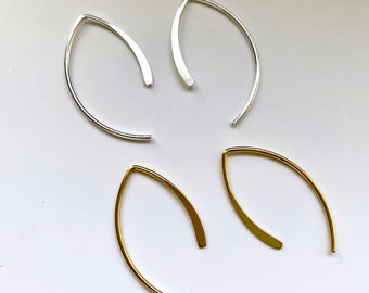 Sterling Silver Earrings, Long Arc Earrings - Silver / Gold, Simple Thread Through Earrings, Basic Earrings