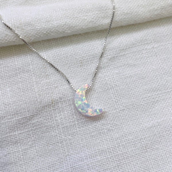 Sterling Silver Necklace, Opal Moon Necklace, Crescent Moon Necklace, White Opal Necklace