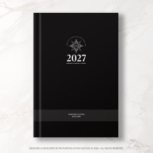 May include: A black 2027 business and personal planner. The cover features the year 2027 in white, along with the text "Business & Personal Planner". The planner has a silver compass rose design and the words "Purpose Action Success".