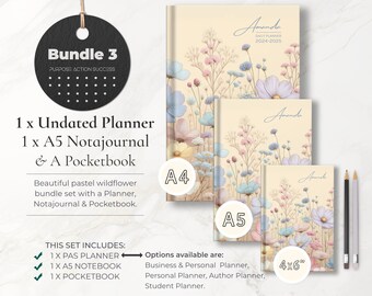 Bundle 3: Wildflower Gift Set, Personalized A4 Planner, A5 Notajournal and Pocketbook Gift Set of 3, Unique Stationary Set, Stationary Gifts