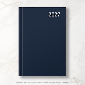 May include: A dark navy blue hardbound planner with the year 2027 printed in white text in the upper right corner. The cover has a smooth, solid finish with a vertical spine detail on the left side, presenting a clean and professional appearance.