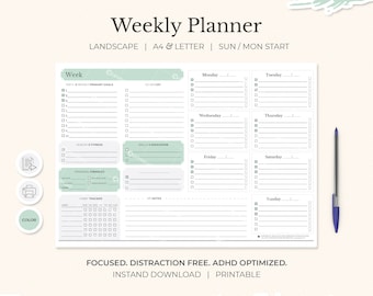 Horario semanal Paisaje / Planificador semanal imprimible / Agenda semanal / Planificador de escritorio imprimible / Lista de tareas semanales / Carta A4 / Planificador de TDAH