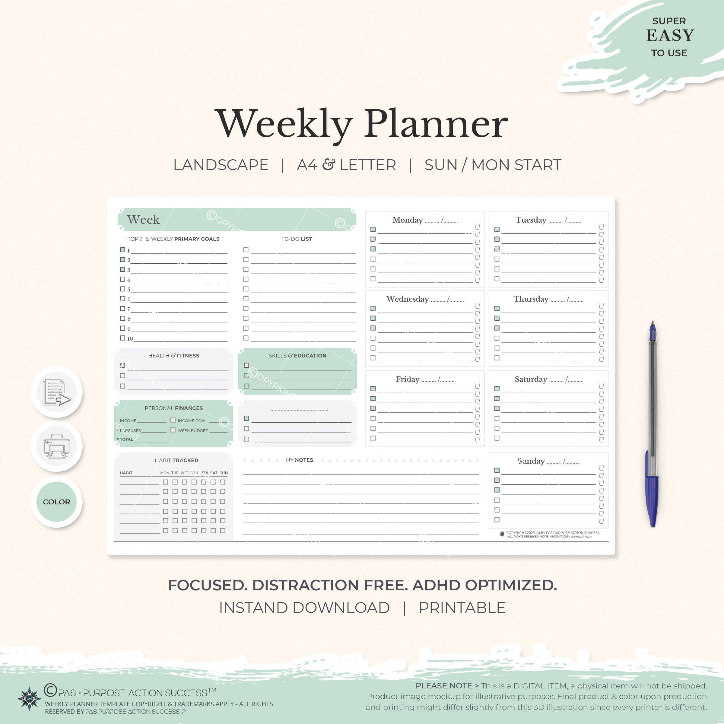 Weekly Schedule Landscape Weekly Planner Printable Weekly Agenda Desk ...