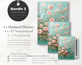 Bundle 3: Wildflower Planner, Wildflower Notebook & Wildflower Small Pocketbook Gift Set, Unique Stationary Set, Beautiful Notebooks Bundle