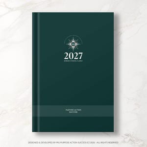 May include: A dark green hardcover planner with a vertical spine. The front cover features a white star-shaped logo with the letters PAS, the year 2027, the text BUSINESS & PERSONAL PLANNER, and a horizontal band with PURPOSE ACTION SUCCESS.