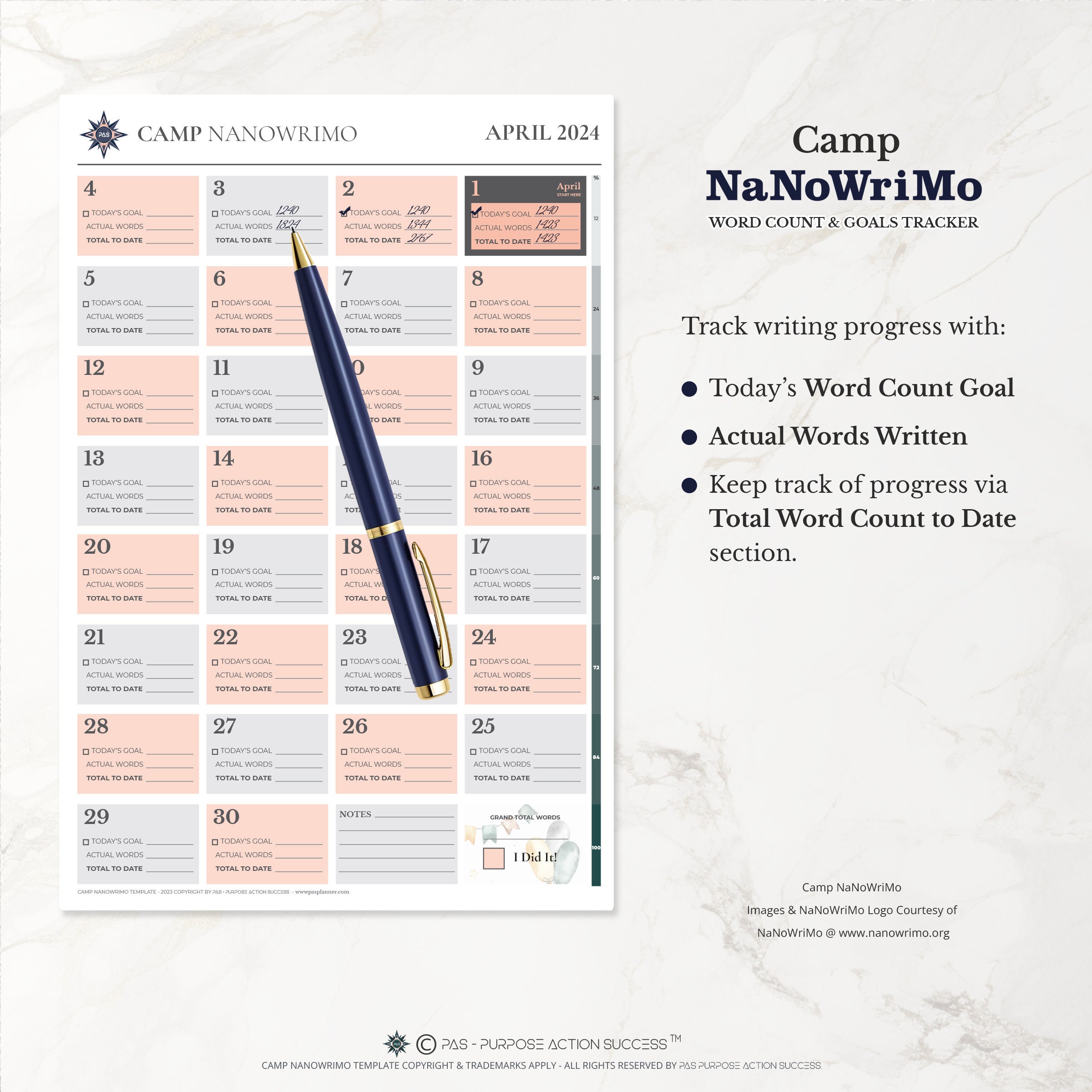 Writer Word Count Tracker & Writing Goals Template for April Camp
