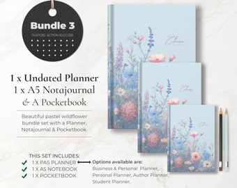 Bundle 3: Personalized Wildflower Gift Set, A4 Planner, A5 Notajournal & Pocketbook Set of 3, Unique Stationery Set, Stationery Gifts