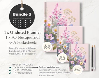 Bundle 3: Wildflower Gift Set, Personalized A4 Planner, A5 Notajournal and Small Notebook Set of 3, Unique Stationary Set, Stationary Gifts