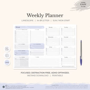 Weekly Planner Printable To Do List | Planner Weekly Organizer Journal | Weekly Agenda | Week At a Glance | A4 & Letter | Weekly Schedule