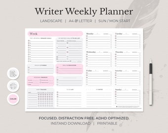 Writer Weekly Planner Notepad Printable | A4 & Letter | To Do List | Instand Download Printable | Landscape | Author Writer | Sun/Mon Start