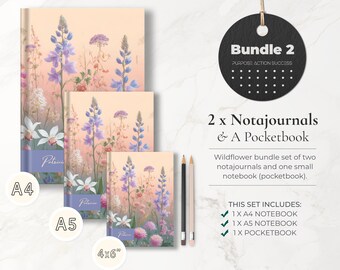 Bundle 2: Wildflower Personalized A4 Notajournal, A5 Notajournal and Pocketbook Gift Set of 3, Color interior, Unique Wildflower Notebooks