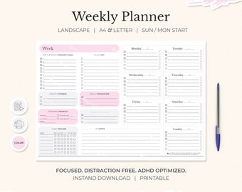 Weekly Planner Notepad Printable | A4 & Letter Weekly Planner | To Do List | Instand Download | Easy to Use Weekly Planner | Landscape