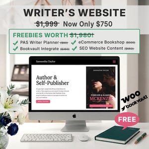 May include: A computer monitor displays a website for an author and self-publisher named Samantha Taylor. The screen shows book cover art for Forever & Always McKenzie, a keyboard, a mouse, a dark green notebook, and a pen are on the desk.