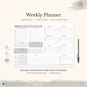 Weekly Planner Notepad Printable | A4 & Letter Weekly Planner | To Do List | Instand Download | Easy to Use Weekly Planner | Horizontal