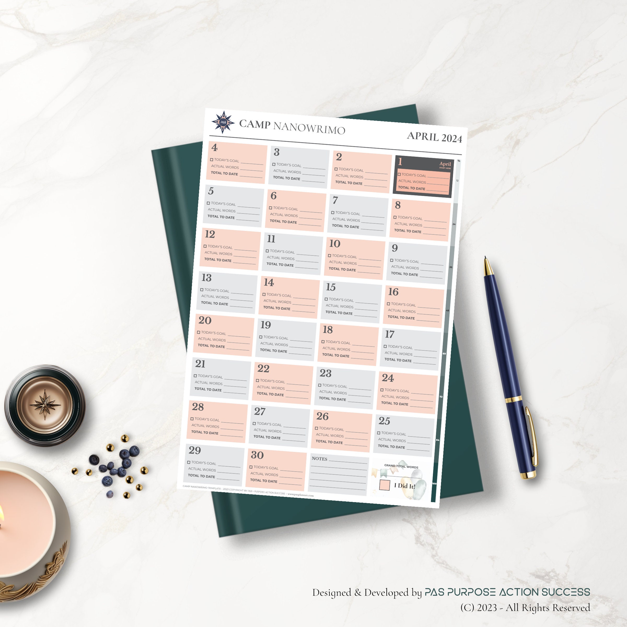 Writer Word Count Tracker & Writing Goals Template for April Camp Nanowrimo 2024 Downloadable