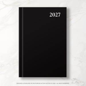 May include: A black hardcover planner with the year 2027 printed in white text on the upper right corner. The bottom edge features the text: DESIGNED & DEVELOPED BY PAS PURPOSE ACTION SUCCESS (C) 2026 - ALL RIGHTS RESERVED. The cover is solid black.