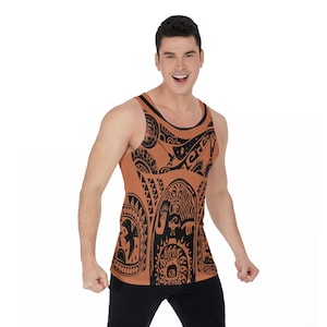 May include: A sleeveless tank top with a brown background and black Polynesian-style tattoo designs. The design includes a large tribal figure with a headdress and a smaller figure of a bird.