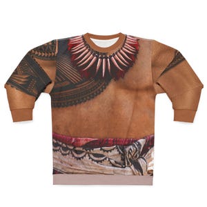 May include: A long-sleeve sweatshirt featuring a realistic printed graphic of a tan-skinned torso with black tribal tattoos, a necklace made of white pointed teeth with red accents, and a patterned fabric wrap around the waist in shades of tan and red.