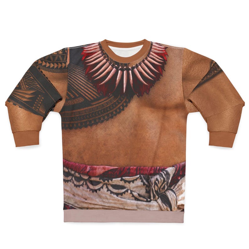 May include: A long-sleeve sweatshirt featuring a realistic printed graphic of a tan-skinned torso with black tribal tattoos, a necklace made of white pointed teeth with red accents, and a patterned fabric wrap around the waist in shades of tan and red.