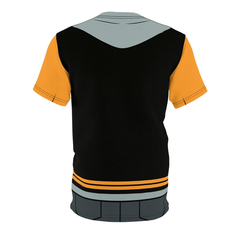 May include: Black t-shirt with orange and gray accents. The shirt has a gray collar and a gray band around the bottom with two orange stripes.