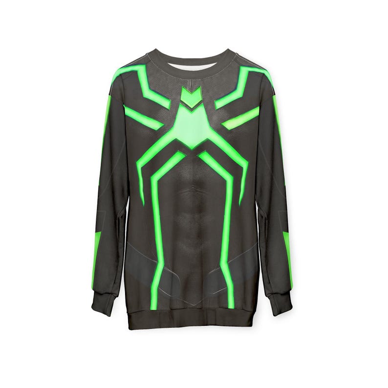 Op de afbeelding: Zwart sweatshirt met lange mouwen en een neon groen geometrisch ontwerp over de borst en schouders. Het ontwerp lijkt op een gestileerde spin of insect. De sweatshirt heeft een ronde hals en is gemaakt van een zacht materiaal.