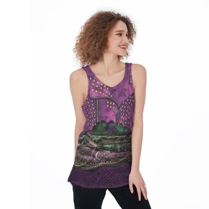 May include: Purple tank top with a graphic print of a leather jacket with gold studs and chains.